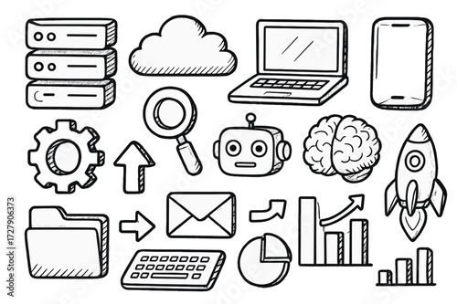 Tech Icon Doodles. Hand-drawn doodle illustration Flat + 3D hybrid style tech icons [server, cloud, laptop, smartphone, gear, magnifying glass, robot head,