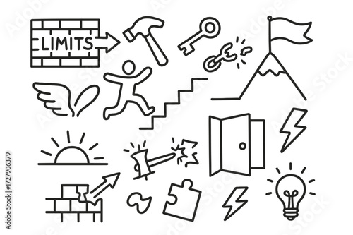 Breaking Barriers Doodle. Hand-drawn doodle illustration breaking barriers and limits wall, hammer, key, chain broken, person jumping, flag, mountain, stairs,
