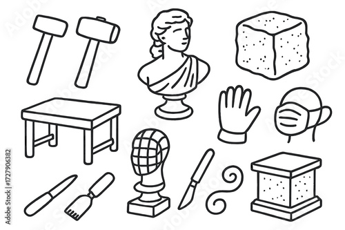 Sculptor's Tools Doodle. Hand-drawn doodle illustration sculptor chisel, hammer, statue, stone block, bust, hand, gloves, table, wireframe, mask, clay, carving
