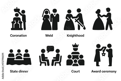 Aristocratic Ceremony Icons. Solid, filled icon set of aristocratic ceremonies: coronation, royal wedding, knighthood, gala ball, state dinner, diplomatic
