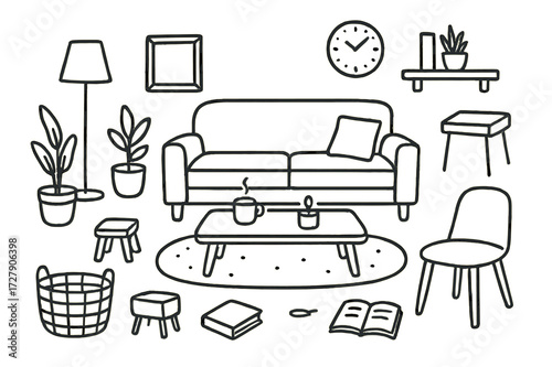 Minimalist Living Room Doodles. Hand-drawn doodle illustration Minimalist Living Room [sofa, cushion, table, cup, candle, plant, lamp, shelf, basket, picture
