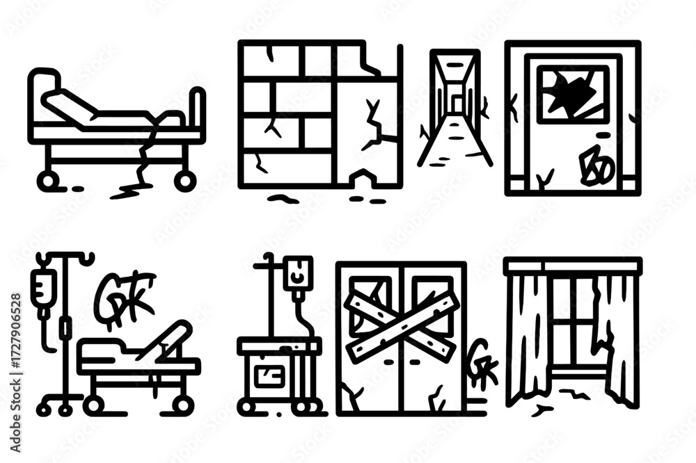 Deserted Hospital Icons. Solid, filled icon set of deserted hospital: broken beds, cracked tiles, empty corridors, smashed glass, rusted equipment, graffiti,