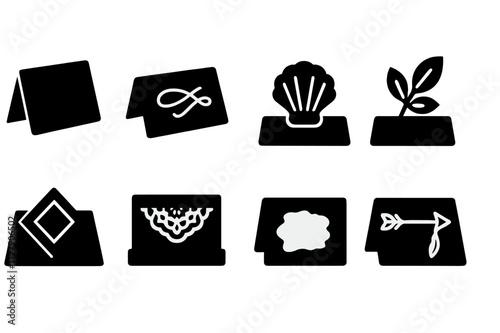 Wedding Card Icons. Solid, filled icon set of wedding place card themes: rustic kraft card, elegant script card, beach-themed card, botanical card, modern