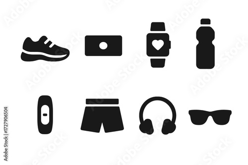 Jogging Gear Icons. Solid, filled icon set of jogging gear: running shoes, sweatband, sports watch, water bottle, fitness tracker, running shorts, headphones,
