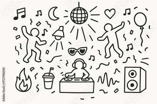 Dance Floor Doodles. Hand-drawn doodle illustration Dance floor energy [dancing figures, music notes, disco ball, light beam, heart, sunglasses, spotlight, DJ