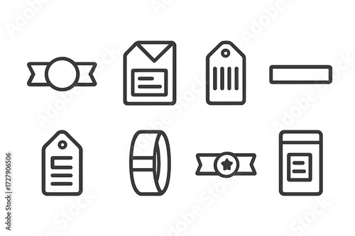 Banderol Icon Set. Solid, filled icon set of banderol: sealed banderol, shipping label, barcode tag, adhesive strip, parcel tag, wrapping band, security seal,