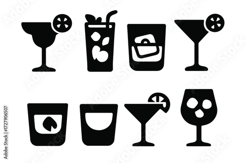 Cocktail Icon Grid. Solid, filled icon set of bar shelf cocktails: margarita, mojito, old fashioned, cosmopolitan, negroni, whiskey sour, daiquiri, gin tonic.