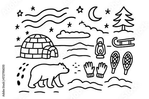 Arctic Doodle Wonderland. Hand-drawn doodle illustration Arctic night sky igloo, polar bear, aurora arcs, stars, moon, snowdrifts, sled, lantern, snowshoes,