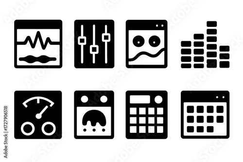 Studio Software Tool Icons. Solid, filled icon set of studio software tools: DAW, mixer, plugin, equalizer, compressor, reverb, sampler, sequencer. Solid,