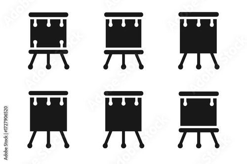Floor Tom Icon Set. Solid, filled icon set of floor tom genres: rock, jazz, pop, funk, metal, blues, fusion, gospel. Solid, filled icons in only black color.
