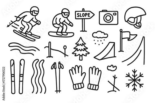 Ski Slope Doodle. Hand-drawn doodle illustration [Ski slope activities] [downhill skier, snowboarder, snow trail, slope sign, pine tree, jump ramp, flag,