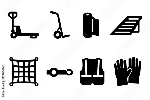 Shipping Equipment Icons. Solid, filled icon set of shipping equipment: pallet jack, hand truck, shrink wrap, loading ramp, cargo net, tie down strap, safety