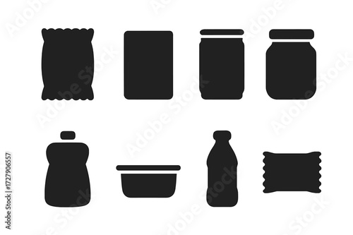 Snack Packaging Icons. Solid, filled icon set of snack packaging types: plastic bag, box, can, jar, pouch, tray, bottle, wrapper. [Line icons in only black