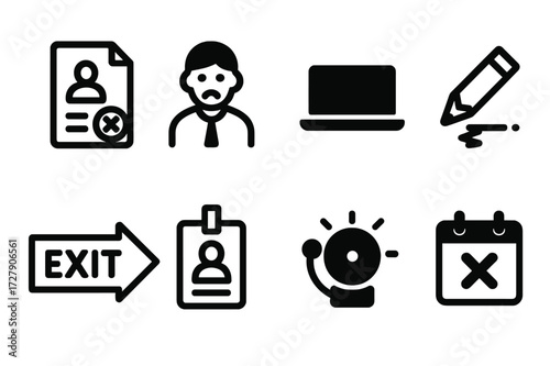 Layoff Icon Set. Solid, filled icon set of layoffs: pink slip, sad employee, closed laptop, broken pencil, exit sign, lost badge, alarm bell, canceled meeting.