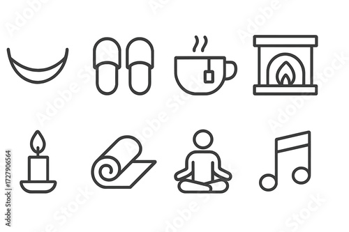 Weekend Relaxation Icons. Outline icon set of weekend relaxation: hammock, slippers, tea cup, fireplace, candle, blanket, meditation pose, music note. Line