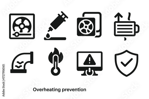 Overheating Prevention Icons. Solid, filled icon set of overheating prevention: fan speed control, thermal paste application, liquid cooling, heat exchanger,