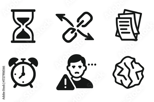 Inefficient Management Icons. Solid, filled icon set of inefficient management: hourglass running out, crossed arrows, broken link, disorganized stack, alarm