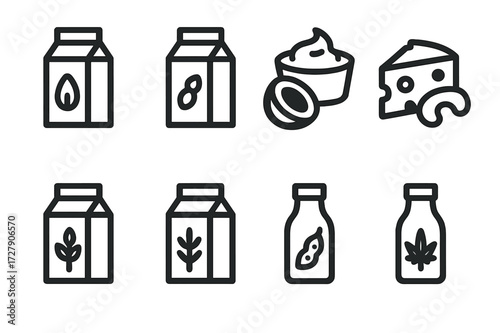 Vegetarian Protein Icons. Solid, filled icon set of vegetarian protein dairy alternatives: almond milk, soy milk, coconut yogurt, cashew cheese, oat milk, rice