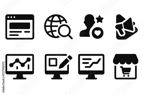 Digital Branding Icons. Solid, filled icon set of digital branding: website, SEO, social media, influencer, email campaign, analytics dashboard, content