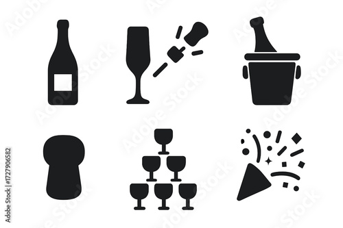 Champagne Celebration Icons. Solid, filled icon set of champagne essentials: champagne bottle, champagne flute, cork popping, wine cooler, champagne cork,