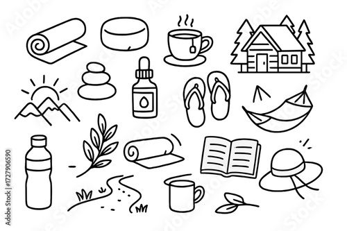 Wellness Retreat Icons. Hand-drawn doodle illustration [Wellness retreats and getaways] [yoga mat, meditation cushion, spa stones, herbal tea, mountain cabin,