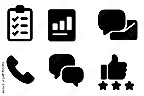 Feedback Icon Set. Solid, filled icon set of announcement feedback: survey, poll, message, email response, phone call, chat, thumbs up, star rating. [Line