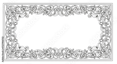Elegant floral ornamental frame design with delicate roses and swirling vines, perfect for invitations and certificates