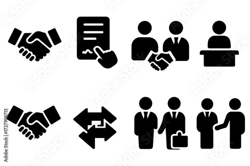 Corporate Deal Icons. Solid, filled icon set of deal types: handshake, contract, agreement, negotiation, partnership, merger, acquisition, joint venture.