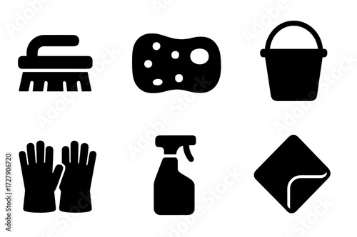Cleaning Tools Icons. Solid, filled icon set of scrubbing tools: brush, sponge, soap bar, bucket, gloves, scrub pad, spray bottle, cleaning cloth. [Line icons