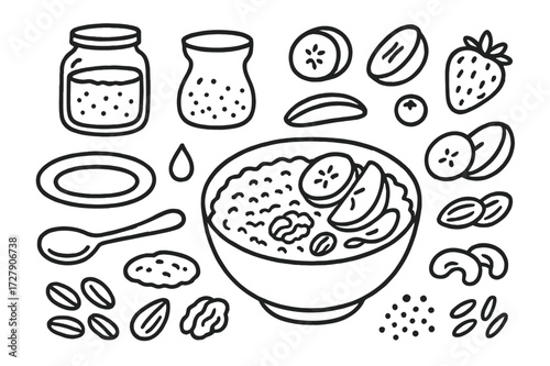 Breakfast Doodle Elements. Hand-drawn doodle illustration breakfast with nuts and fruits bowl, oatmeal, spoon, banana slices, apple slices, strawberry,