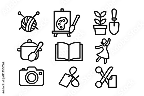 Aunt's Hobby Icons. Outline icon set of aunt?s hobbies: knitting, painting, gardening, cooking, reading, dancing, photography, crafting. Line icons in only