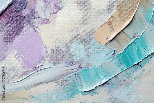 A textured abstract painting displays a palette of soft lavenders, creams, and cool teal hues, with visible brushstrokes creating a dynamic composition.