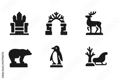 Winter Sculptures Icons. Solid, filled icon set of winter event sculptures: ice throne, snowflake arch, snowman sculpture, frozen deer, ice bear, penguin