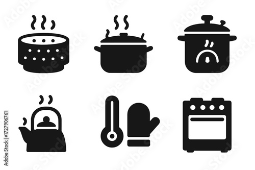 Steaming Equipment Icons. Solid, filled icon set of steaming equipment: steamer basket, stovetop pot, pressure cooker, timer, water kettle, thermometer, oven