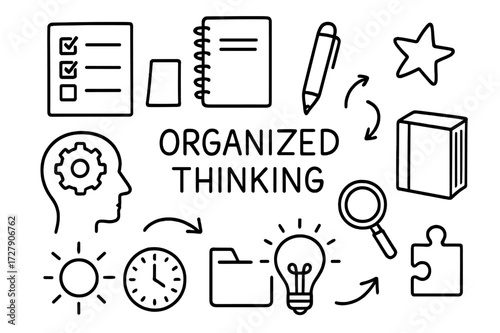 Organized Thinking Essentials. Hand-drawn doodle illustration Organized thinking checklist, notebook, pen, paper, head silhouette, gear, magnifying glass,