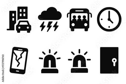 Anxiety Icon Set. Solid, filled icon set of anxiety environment: busy street, storm cloud, crowded bus, ticking clock, broken phone, flashing light, alarm
