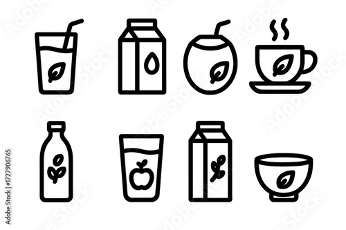 Plant-Based Drink Icons. Solid, filled icon set of plant-based beverages: green smoothie, almond milk carton, coconut water, herbal tea cup, oat milk bottle,