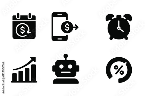 Automated Savings Icons. Solid, filled icon set of automated savings: recurring deposit, auto transfer, budget tracker, alarm clock, goal chart, smart wallet,