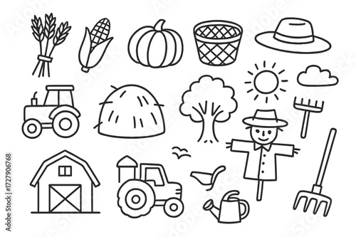 Harvest Season Doodle. Hand-drawn doodle illustration Harvest season Wheat bundle, corn, pumpkin, haystack, basket, farmer hat, tractor, barn, scarecrow, tree,