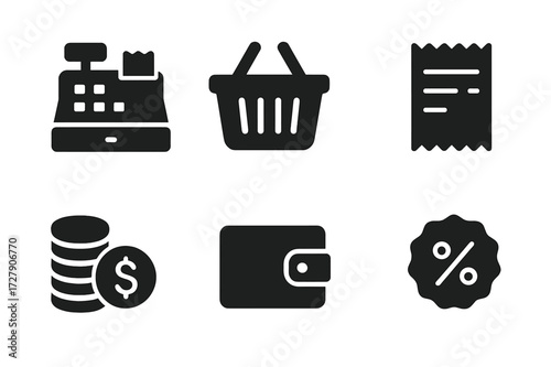 Market Transaction Icons. Solid, filled icon set of market transactions: cash register, shopping basket, credit card, receipt, coin stack, wallet, price tag,