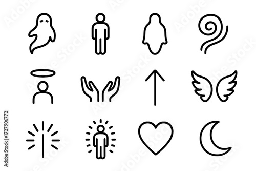 Spirit Journey Icons. Spirit journey. Line icon set of spirit journey: floating spirit, human figure, ghostly silhouette, ethereal swirl, halo, open hands,