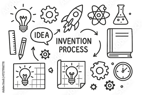 Creative Invention Doodle. Hand-drawn doodle illustration Invention process lightbulb, gear, blueprint, ruler, pencil, book, cogwheel, rocket, atom, flask,