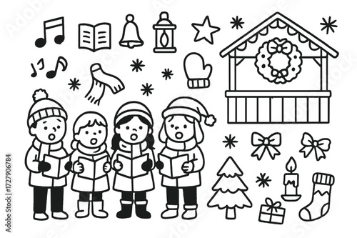 Carol Singers Doodle. Hand-drawn doodle illustration Carol singers at market music note, book, bell, lantern, star, mitten, hat, scarf, snowflake, pine tree,