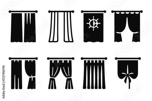 Curtain Icon Set. Solid, filled icon set of curtain types: blackout curtain, sheer curtain, thermal curtain, grommet curtain, rod pocket curtain, tab top