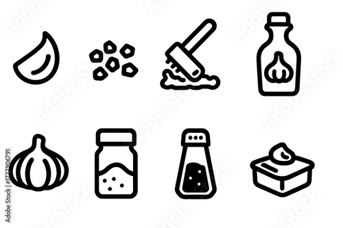 Garlic Preparation Icons. Solid, filled icon set of garlic preparation: peeled garlic, minced garlic, crushed garlic, garlic oil bottle, garlic powder jar,