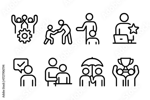 Workplace Kindness Icons. Outline icon set of kindness in workplace: teamwork, helping hand, recognition, mentoring, feedback, support, collaboration, shared