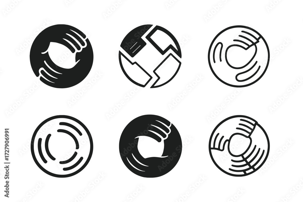 Fototapeta premium Teamwork Logo Variety. Teamwork in motion. Set Logo of teamwork in motion: Hands forming circle icon. harmonious logo variations of the same emblematic concept