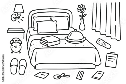 Hotel Room Doodles. Hand-drawn doodle illustration [Hotel-style bed arrangement] [stacked pillows, crisp sheet, folded towel, room service tray, flower in