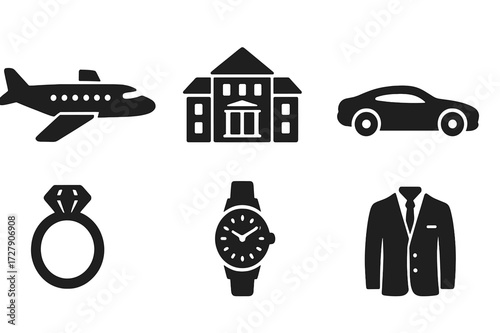Billionaire Icons. Solid, filled icon set of billionaire lifestyle: private jet, luxury yacht, mansion, sports car, diamond ring, gold watch, champagne bottle,