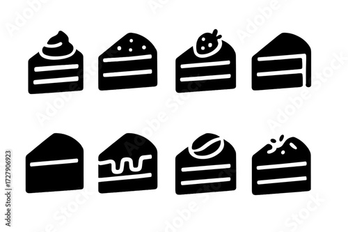 Cake Flavor Icons. Solid, filled icon set of cake flavors: vanilla, chocolate, strawberry, lemon, red velvet, caramel, coffee, coconut. Solid, filled icons in